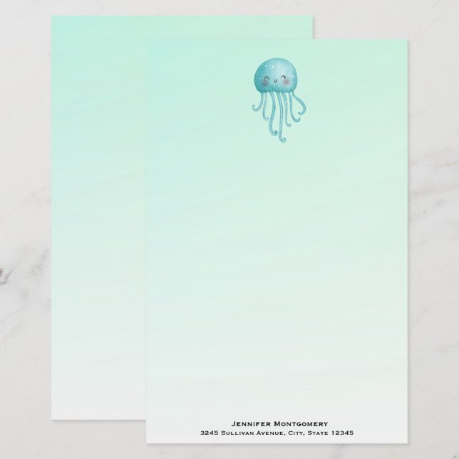 Cute and Fun Blue-Green Jellyfish Stationery (Front/Back)
