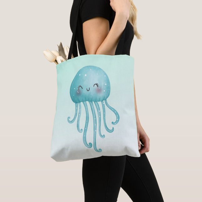 Cute and Fun Blue-Green Jellyfish Tote Bag (Close Up)