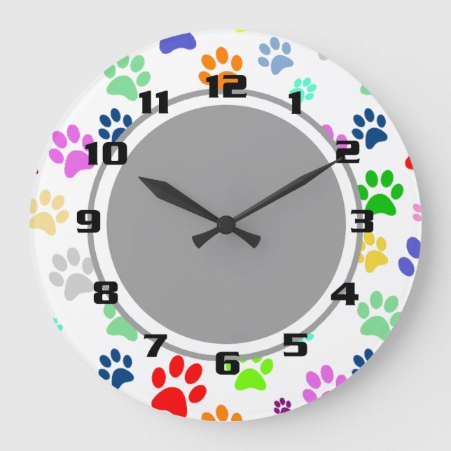 Cute and Fun Colours Pet Paw Pattern Large Clock (Front)