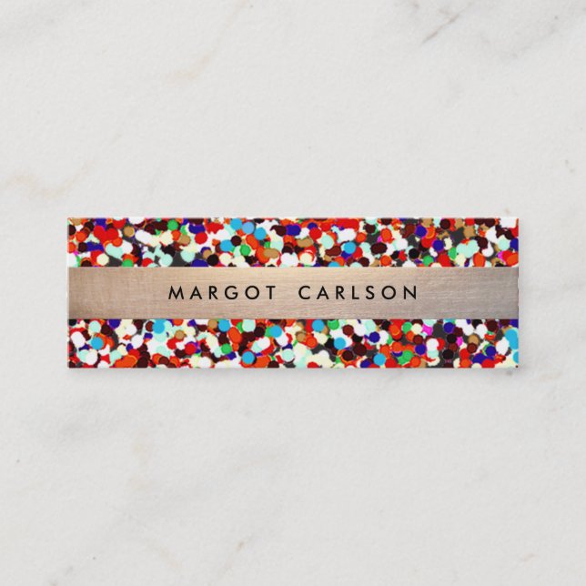Cute and Fun Cool Colourful Confetti Gold Striped Mini Business Card (Front)