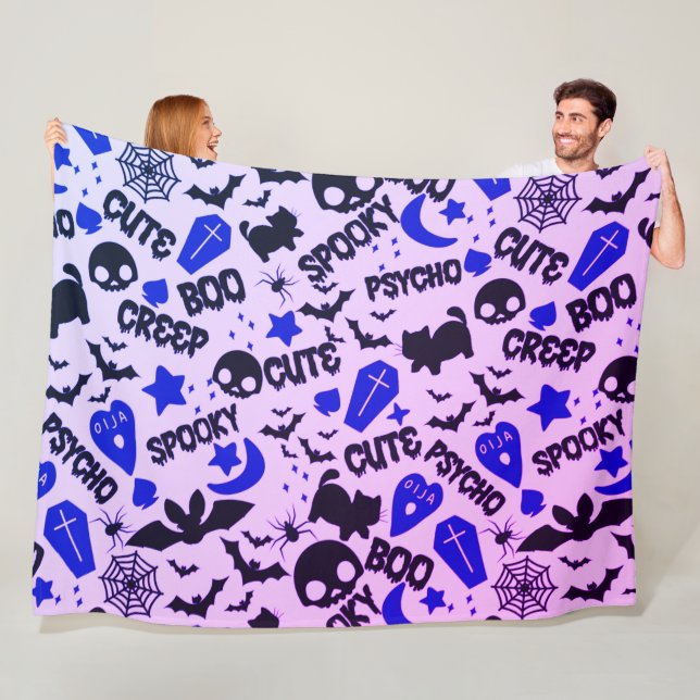 Cute and Fun Purple, Blue and Black Halloween Fleece Blanket (In Situ)