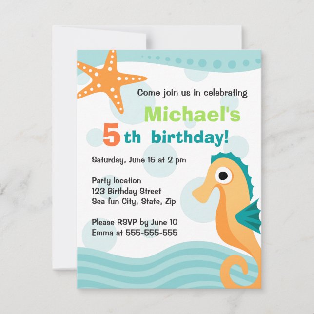 Cute and fun seahorse under the sea birthday invitation (Front)