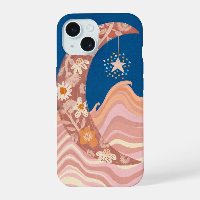 Cute and funky moon, stars and waves phone case. iPhone 15 case (Back)