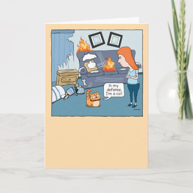 Cute and Funny Bad, Destructive Cat Birthday Card (Front)