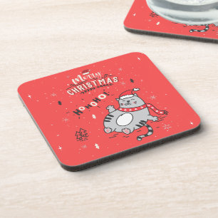 Cute and Funny Cat Christmas joyful Greetings Coaster