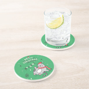 Cute and Funny Cat Christmas joyful Greetings Coaster