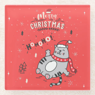 Cute and Funny Cat Christmas joyful Greetings Glass Coaster