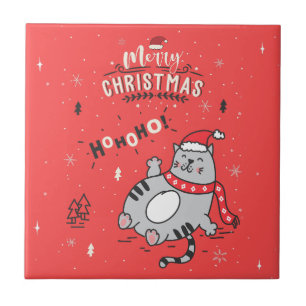 Cute and Funny Cat Christmas joyful Greetings Tile