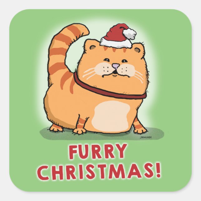 Cute and Funny Cat Furry Christmas Square Sticker (Front)