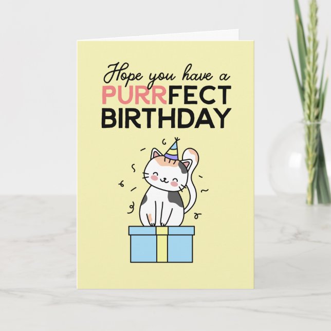 Cute and Funny Cat Lover Pun Purrfect Birthday Card (Front)