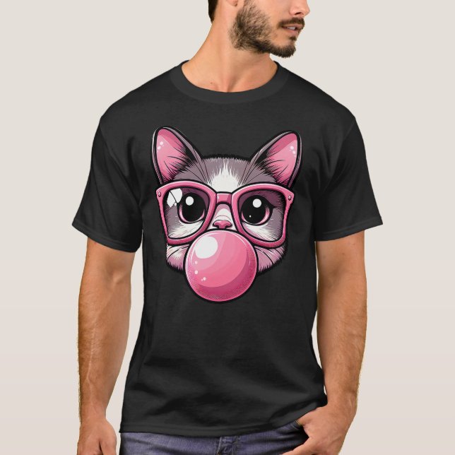 Cute and Funny Cat Pink Sunglasses And Blowing Bub T-Shirt (Front)