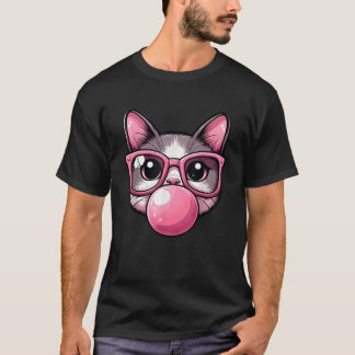 Cute and Funny Cat Pink Sunglasses And Blowing Bub T-Shirt