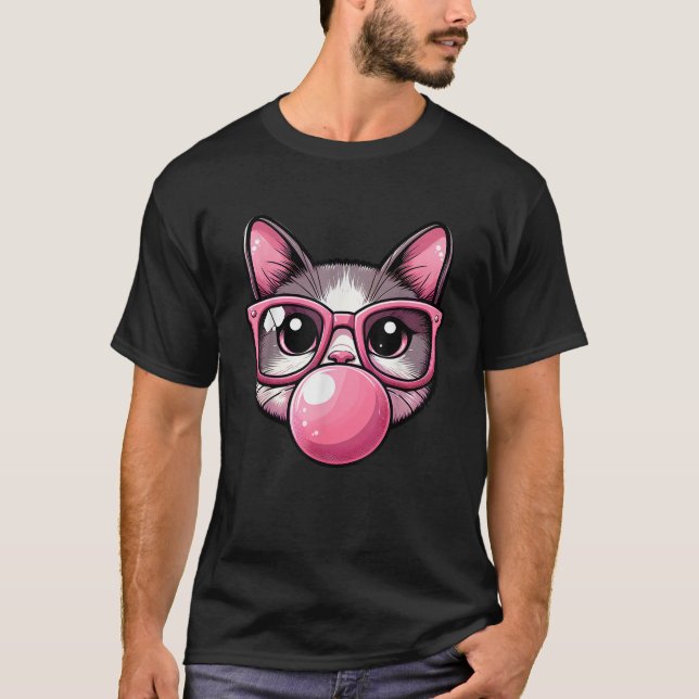 Cute and Funny Cat Pink Sunglasses And Blowing Bub T-Shirt (Front)