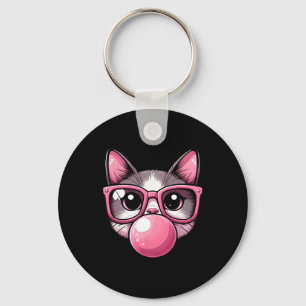 Cute And Funny Cat Pink Sungles And Blowing Bubble Key Ring