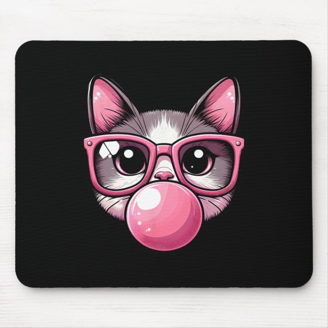 Cute And Funny Cat Pink Sungles And Blowing Bubble Mouse Mat (Front)