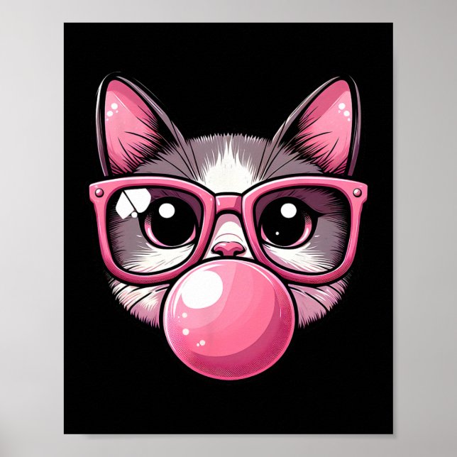 Cute And Funny Cat Pink Sungles And Blowing Bubble Poster (Front)
