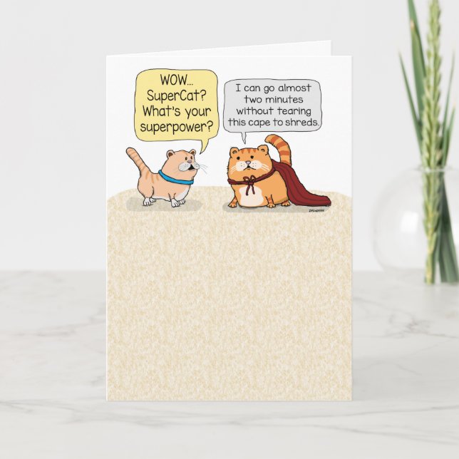 Cute and Funny Cat With Superpowers Birthday Card (Front)