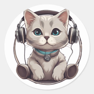 cute and funny cats listening to music classic round sticker