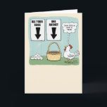 Cute and Funny Chicken and Eggs Birthday Card<br><div class="desc">This cute and funny cartoon birthday card features a chicken who sees all its eggs next to a basket and is tempted to put all of those eggs into that one basket. The chicken wisely thinks it might be a trap. Thank you for choosing this original design by © Chuck...</div>