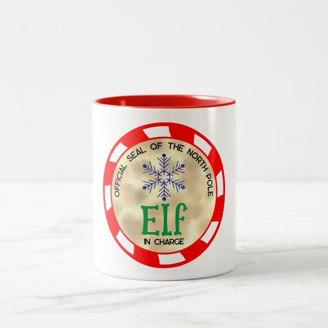 Cute and Funny Christmas Elf in Charge Two-Tone Coffee Mug (Center)
