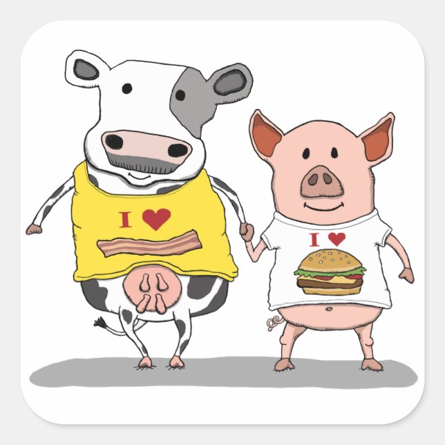 Cute and Funny Cow and Pig Friends Square Sticker (Front)