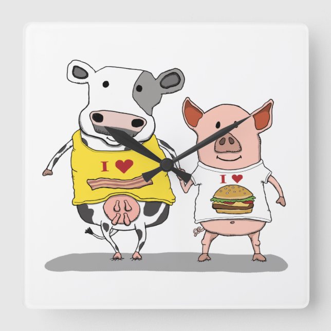 Cute and Funny Cow and Pig Friends Square Wall Clock (Front)