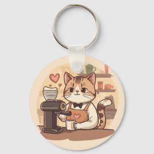 Cute and Funny Cozy Cartoon Barista Cat Key Ring