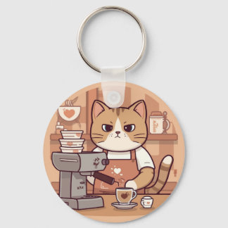 Cute and Funny Cozy Cartoon Barista Cat Key Ring