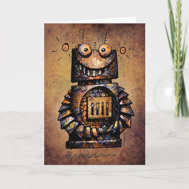Cute and Funny Custom Kid's Robot Happy Birthday Card (Front)
