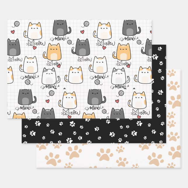 Cute and Funny Doddle Cats Cat Lover Wrapping Paper Sheet (Set)