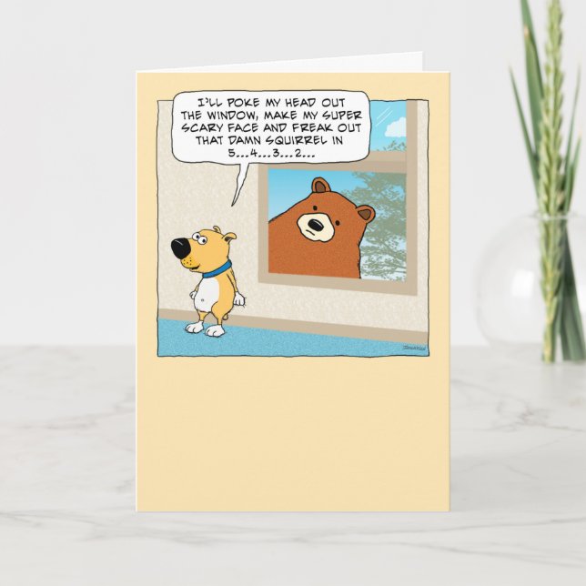 Cute and Funny Dog and Bear Surprise Birthday Card (Front)