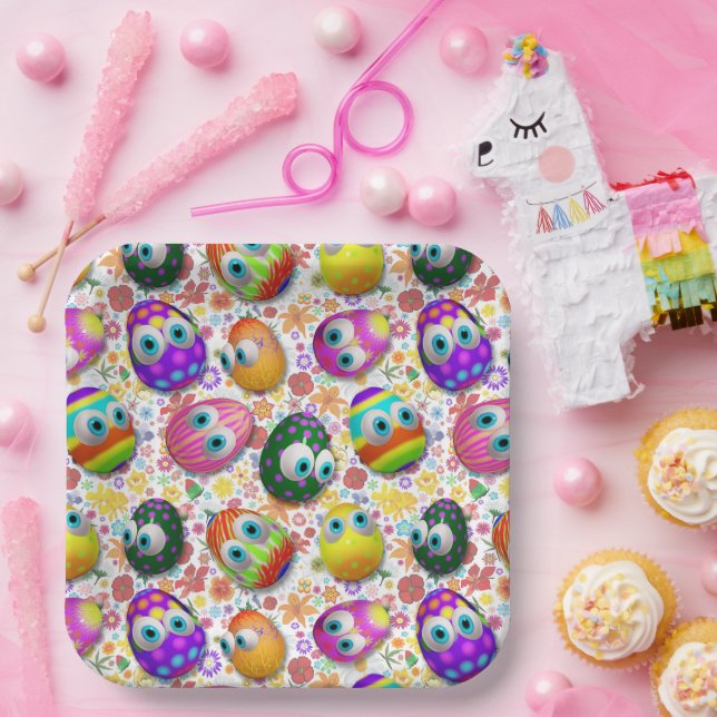 Cute and Funny Easter Eggs Cartoon Paper Plate (Party)