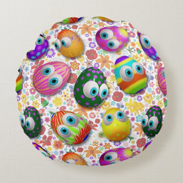 Cute and Funny Easter Eggs Cartoon Round Cushion (Front)