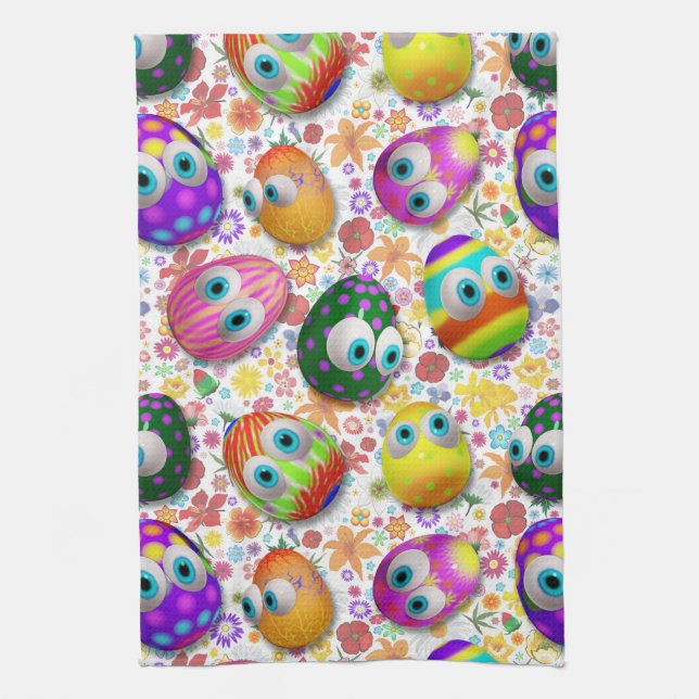 Cute and Funny Easter Eggs Cartoon Tea Towel (Vertical)