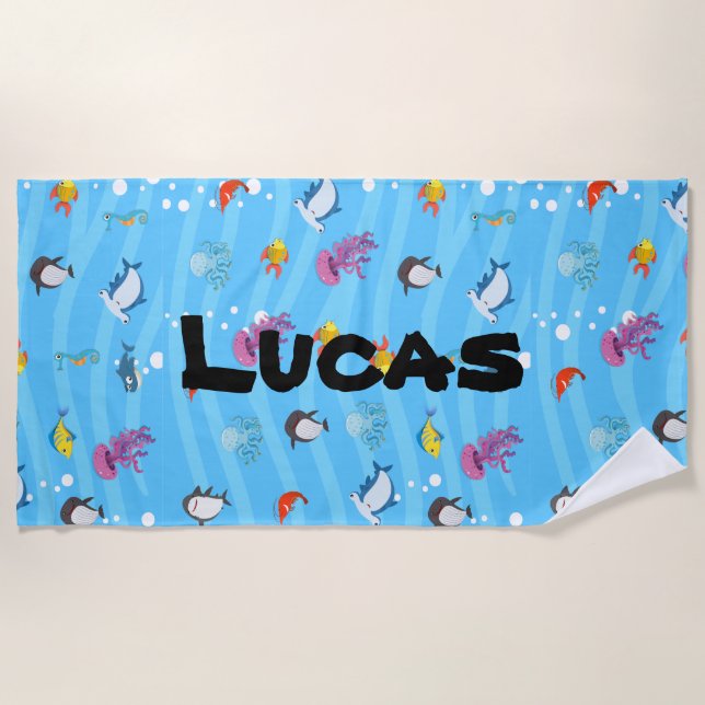 cute and funny fish ocean blue Personalised Kids Beach Towel (Front)