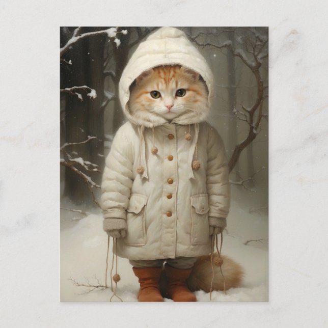 Cute and Funny Ginger Cat in Snow Postcard (Front)