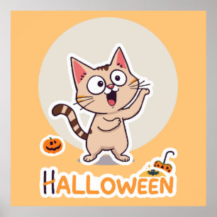 Cute and Funny Halloween Cat with Pumpkins Poster