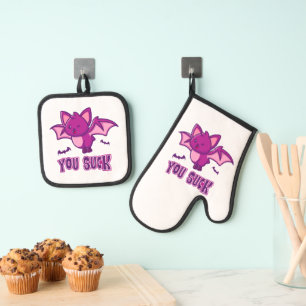 Cute and Funny Halloween Vampire Bats You Suck Oven Mitt & Pot Holder Set