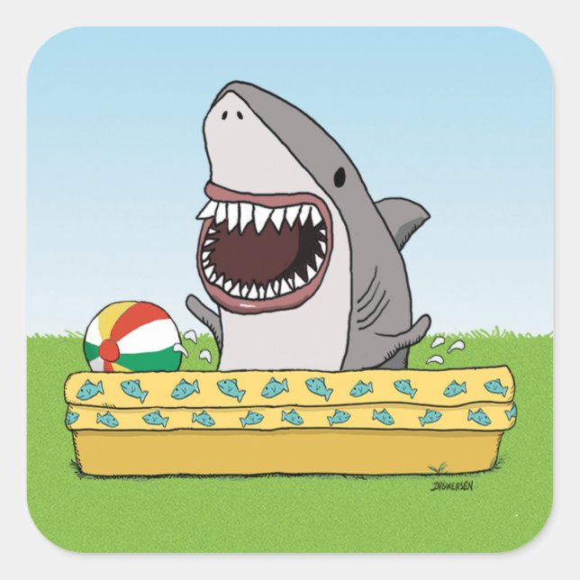 Cute and Funny Happy Shark in Pool Square Sticker (Front)