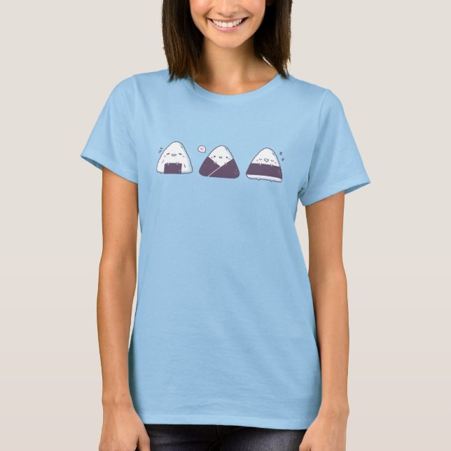 Cute and Funny Japanese Onigiri Trio Doodle T-Shirt (Front)