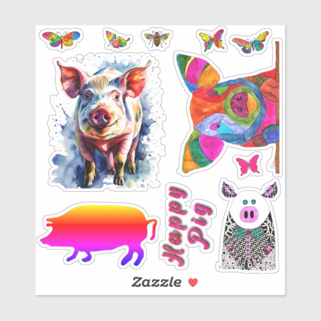 Cute and Funny Pigs and Butterflies Vinyl Stickers (Sheet)