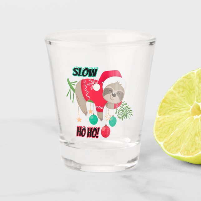 Cute and Funny Santa's Sloth Slow Ho Ho Shot Glass (Front)
