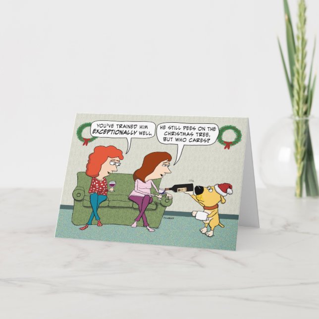 Cute and Funny Wine Serving Dog Christmas Holiday Card (Front)