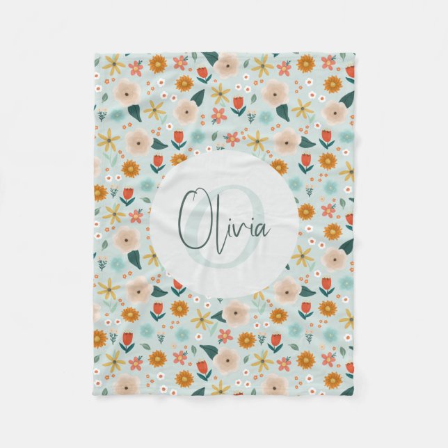 Cute and Girly Botanical Floral Monogram Fleece Blanket (Front)