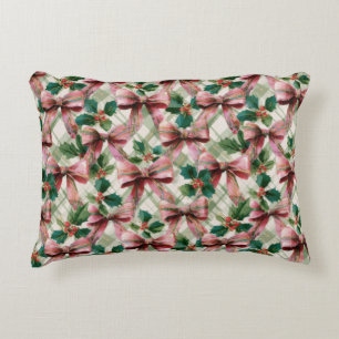 Cute and Girly Christmas Bows and Holly Pattern Decorative Cushion