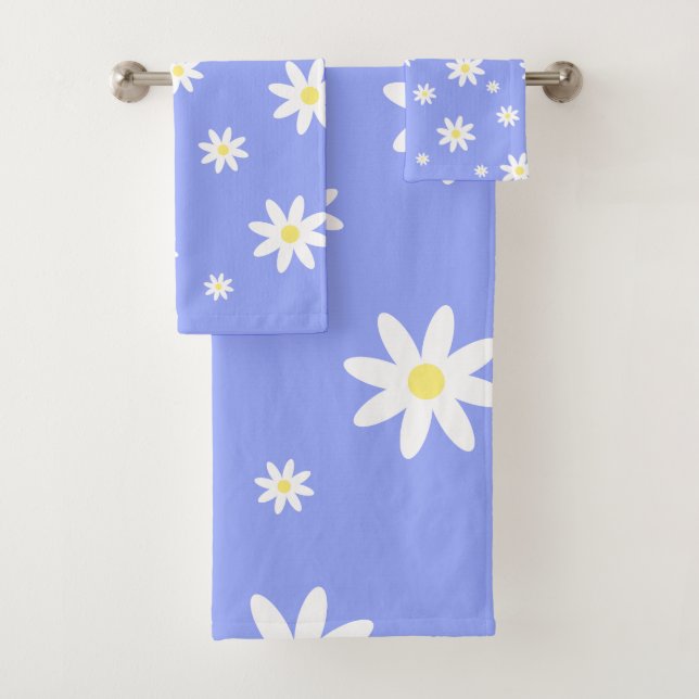 Cute and girly pastel blue and white daisy pattern bath towel set (Insitu)