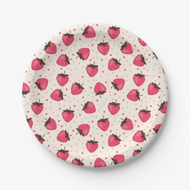 Cute and Girly Pink Strawberries Pattern Paper Plate (Front)