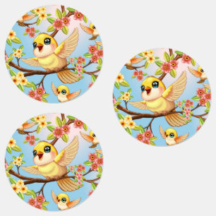Cute and Happy Birds among Spring Flowers