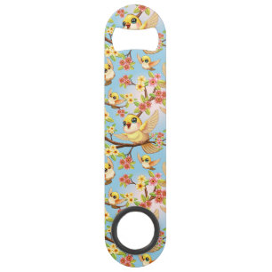 Cute and Happy Birds among Spring Flowers