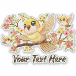 Cute and Happy Birds among Spring Flowers